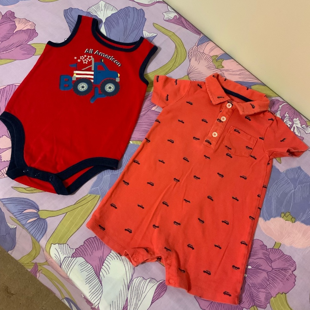 EUC Toddlers 2 Pz Romper Cars print & All American Boy
